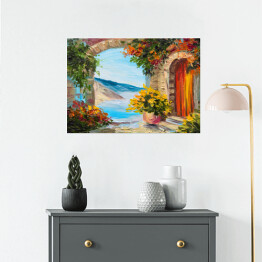 Plakat Obraz olejny - dom blisko morza ozdobiony kolorowymi kwiatami
