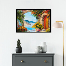 Plakat w ramie Obraz olejny - dom blisko morza ozdobiony kolorowymi kwiatami