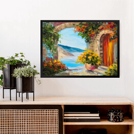 Obraz w ramie Obraz olejny - dom blisko morza ozdobiony kolorowymi kwiatami