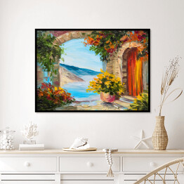 Plakat w ramie Obraz olejny - dom blisko morza ozdobiony kolorowymi kwiatami