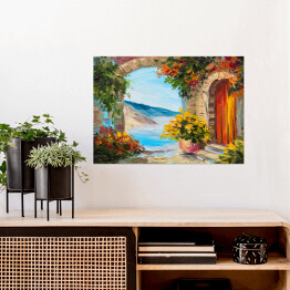 Plakat samoprzylepny Obraz olejny - dom blisko morza ozdobiony kolorowymi kwiatami