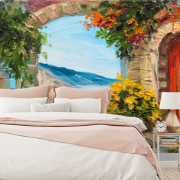 Fototapeta winylowa zmywalna Obraz olejny - dom blisko morza ozdobiony kolorowymi kwiatami