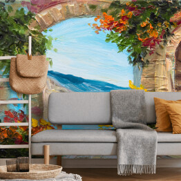Fototapeta Obraz olejny - dom blisko morza ozdobiony kolorowymi kwiatami