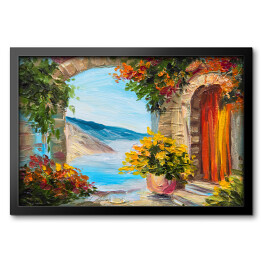 Obraz w ramie Obraz olejny - dom blisko morza ozdobiony kolorowymi kwiatami