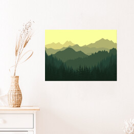 Plakat samoprzylepny Las na tle gór w zielonych i żółtych barwach