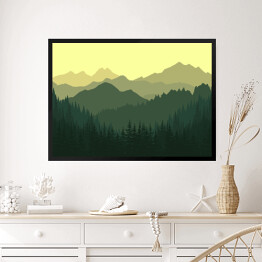 Obraz w ramie Las na tle gór w zielonych i żółtych barwach