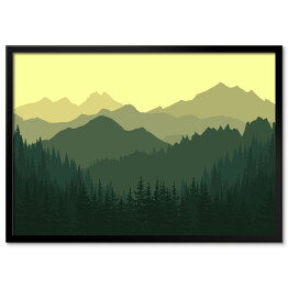 Plakat w ramie Las na tle gór w zielonych i żółtych barwach