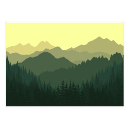 Plakat Las na tle gór w zielonych i żółtych barwach