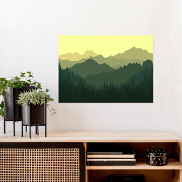 Plakat samoprzylepny Las na tle gór w zielonych i żółtych barwach