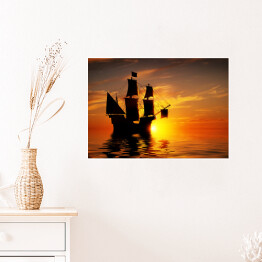 Plakat samoprzylepny Stary piracki statek na tle złocistego zachodu słońca