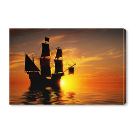 Obraz na płótnie Stary piracki statek na tle złocistego zachodu słońca