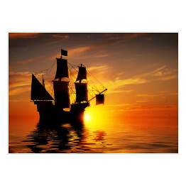 Plakat Stary piracki statek na tle złocistego zachodu słońca