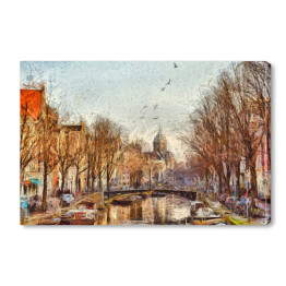 Obraz na płótnie Kanał Amsterdamski - impresjonistyczna ilustracja