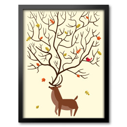 Obraz w ramie Jeleń na tle liści spadających z drzewa 