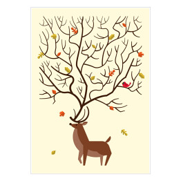 Plakat Jeleń na tle liści spadających z drzewa 