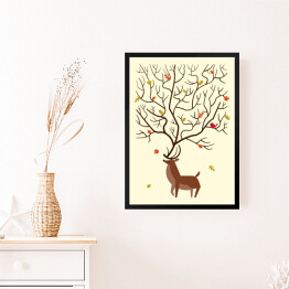 Obraz w ramie Jeleń na tle liści spadających z drzewa 