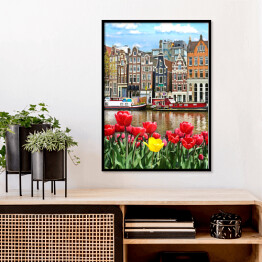 Plakat w ramie Piękny krajobraz z tulipanami i domami w Amsterdamie, Holandia