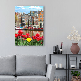Obraz na płótnie Piękny krajobraz z tulipanami i domami w Amsterdamie, Holandia