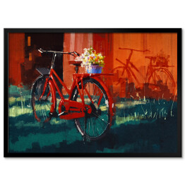 Plakat w ramie Rower z wiadrem pełnym kwiatów
