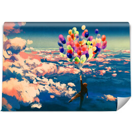Fototapeta winylowa zmywalna Człowiek latający z kolorowymi balonami 