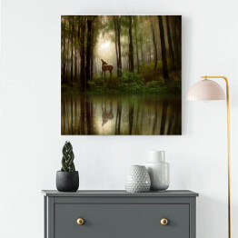 Obraz na płótnie Jeleń nad rzeką w lesie