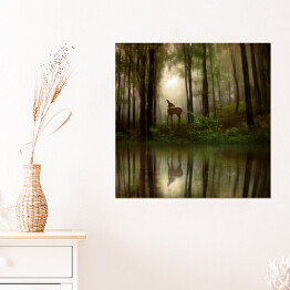 Plakat samoprzylepny Jeleń nad rzeką w lesie