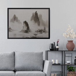 Obraz w ramie Chiński obraz - woda górska i łódź