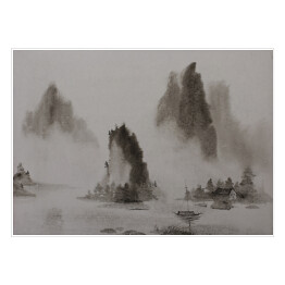 Plakat samoprzylepny Chiński obraz - woda górska i łódź