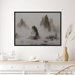 Plakat w ramie Chiński obraz - woda górska i łódź