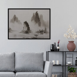 Plakat w ramie Chiński obraz - woda górska i łódź