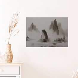Plakat samoprzylepny Chiński obraz - woda górska i łódź