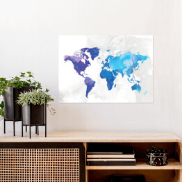 Plakat Mapa świata malowana niebieską akwarelą