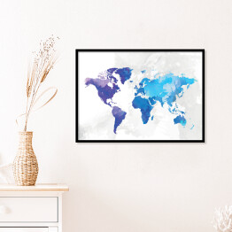 Plakat w ramie Mapa świata malowana niebieską akwarelą