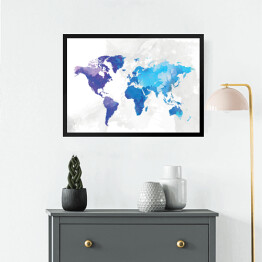 Obraz w ramie Mapa świata malowana niebieską akwarelą