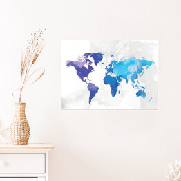 Plakat Mapa świata malowana niebieską akwarelą