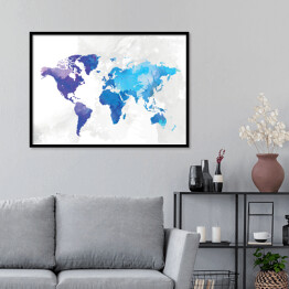 Plakat w ramie Mapa świata malowana niebieską akwarelą