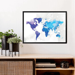 Obraz w ramie Mapa świata malowana niebieską akwarelą