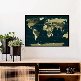 Plakat w ramie Szczegółowa mapa świata w kolorach moro na ciemnym tle