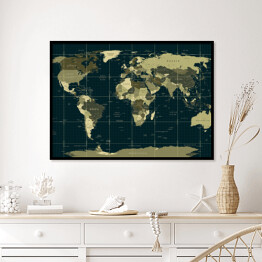 Plakat w ramie Szczegółowa mapa świata w kolorach moro na ciemnym tle