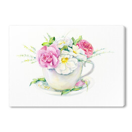 Filiżanka z herbatą i gałęzią róż