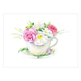 Plakat Filiżanka z herbatą i gałęzią róż