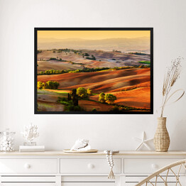 Obraz w ramie Wzgorza Toskanii oświetlone złotymi promieniami słońca, Włochy