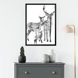 Obraz w ramie Rodzina jeleni i las - podwójna ekspozycja