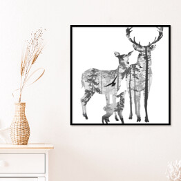 Plakat w ramie Rodzina jeleni i las - podwójna ekspozycja