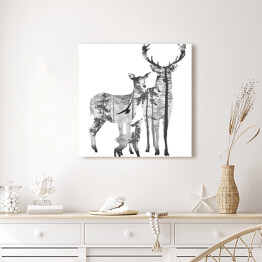 Obraz na płótnie Rodzina jeleni i las - podwójna ekspozycja
