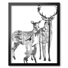 Obraz w ramie Rodzina jeleni i las - podwójna ekspozycja