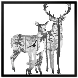 Plakat w ramie Rodzina jeleni i las - podwójna ekspozycja