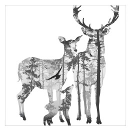 Plakat samoprzylepny Rodzina jeleni i las - podwójna ekspozycja