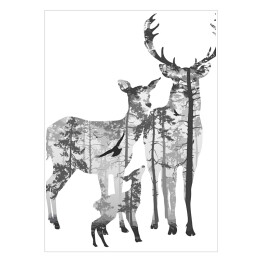 Plakat Rodzina jeleni i las - podwójna ekspozycja