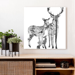 Obraz na płótnie Rodzina jeleni i las - podwójna ekspozycja